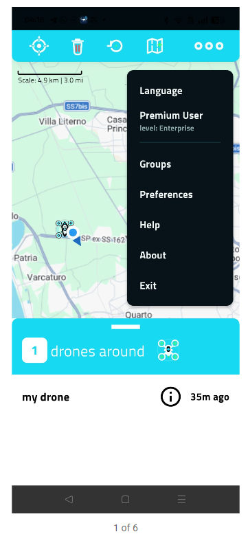 DroneScan Pro main screen with the map, the detected drone list and the menu open
