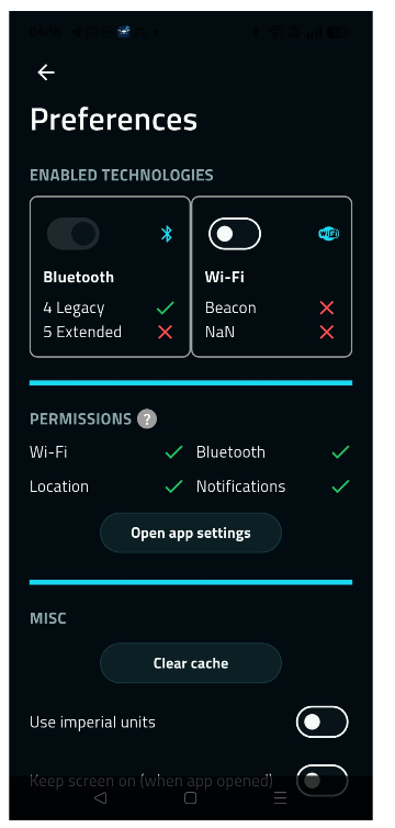 Preferences screen showing enabled technologies and permission checks