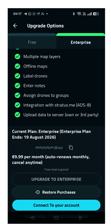 Upgrade Options screen with the current plan and the Device ID with a copy button
