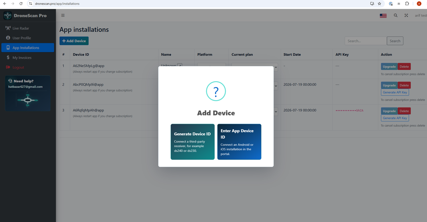Add Device dialog on dronescan.pro offering Generate Device ID or Enter App Device ID